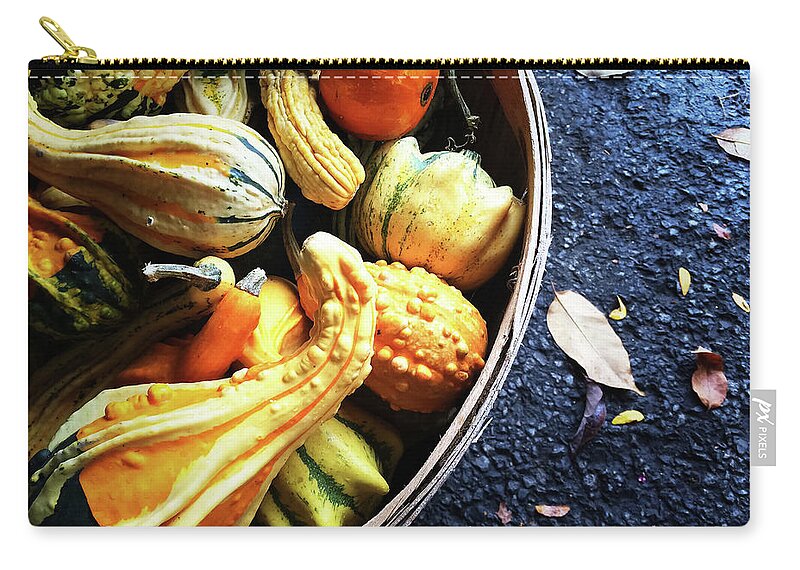 Gourd Zip Pouch featuring the photograph Colorful gourds in a basket by GoodMood Art