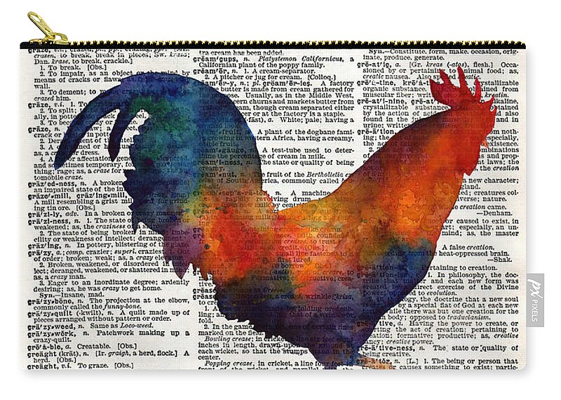 Rooster Zip Pouch featuring the painting Colorful Rooster on Vintage Dictionary by Hailey E Herrera