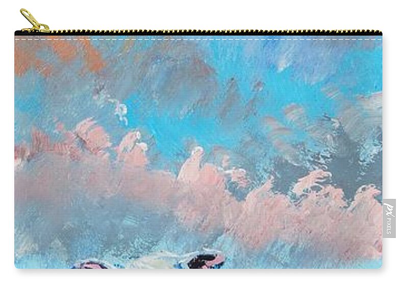 Sheep Zip Pouch featuring the painting Colorful Sheep Pink Cloudy Sky by Mike Jory