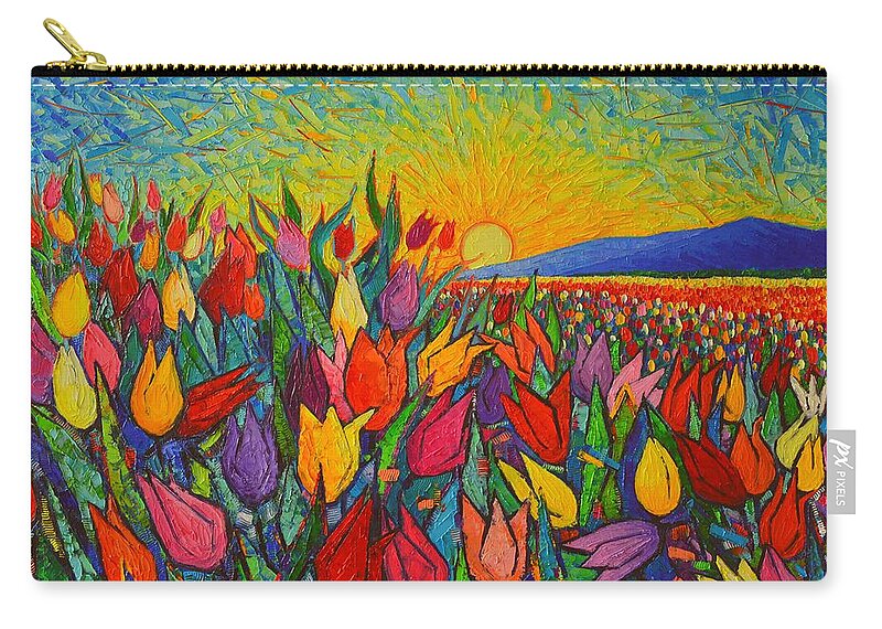 Tulip Carry-all Pouch featuring the painting Colorful Tulips Field Sunrise - Abstract Impressionist Palette Knife Painting By Ana Maria Edulescu by Ana Maria Edulescu