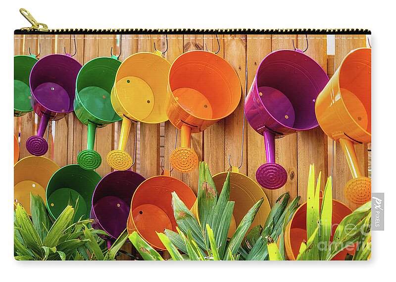 Watering Cans Zip Pouch featuring the photograph Colorful Watering Cans by Cathy Donohoue