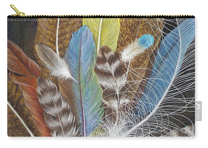 Feathers Zip Pouch featuring the drawing Colors of Flight SOLD prints available by Lisa Bliss Rush