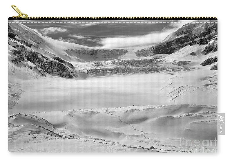 Columbia Ice Field Zip Pouch featuring the photograph Columbia Icefield Winter Wonderland Black And White by Adam Jewell