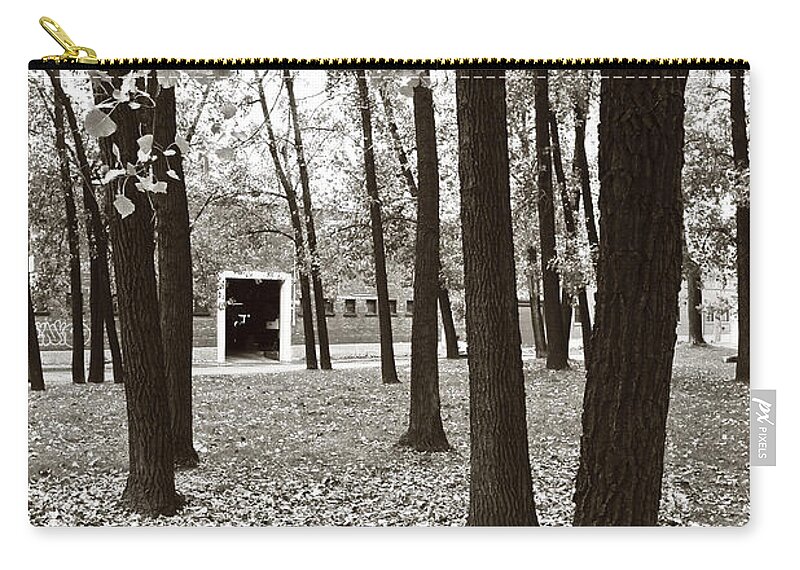 Sepia. Black And White. Trees. Building. Leaves. Door. Doorway. Outline. Sky. Clouds. Sticks. Lines. Shapes. Digtal. Nature. Twilight. Noon. Afternoon. Sundown. Sun. Contrast. Camera.digtal Photography. Mixed Media Photography. Mixed Media Black And White Photography.  Zip Pouch featuring the photograph Come On In by James Steele