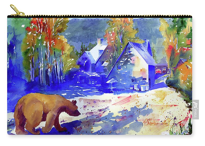 Bear Zip Pouch featuring the painting Coming For dinner at Rainbow Lodge by Joan Chlarson