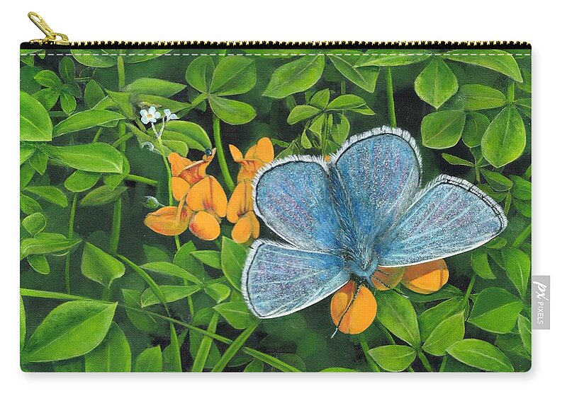 Common Blue Zip Pouch featuring the painting Common Blue on Bird's-foot Trefoil by John Neeve