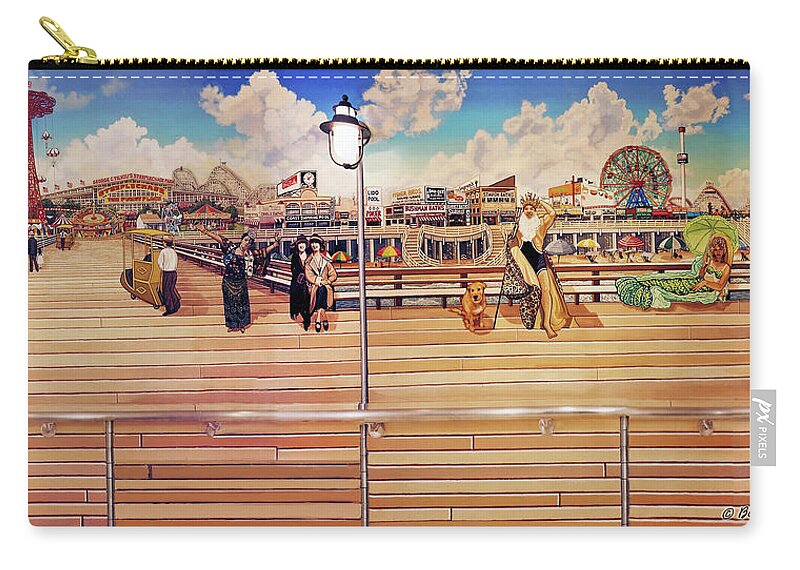 Coney Island Boardwalk Zip Pouch featuring the painting Coney Island Boardwalk Towel Version cropped by Bonnie Siracusa