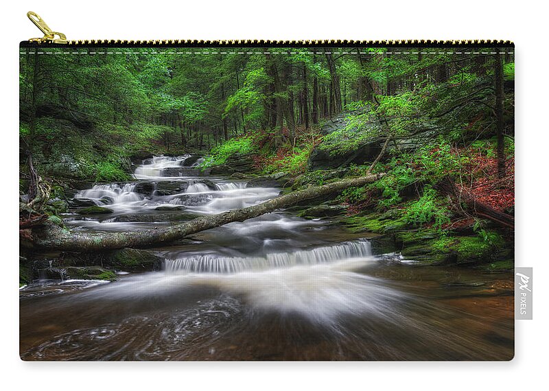 Green Zip Pouch featuring the photograph Cool Spring Stream by Bill Wakeley