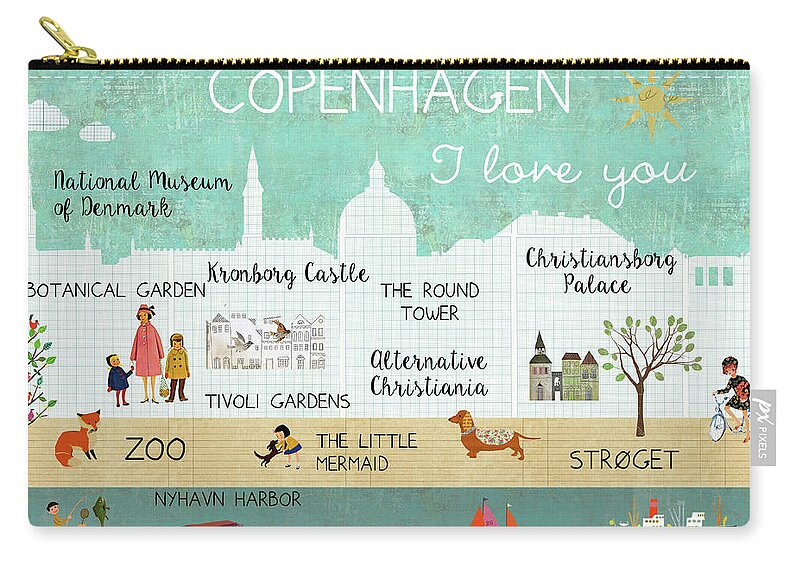 Copenhagen I Love You Carry-all Pouch featuring the mixed media Copenhagen I love you by Claudia Schoen