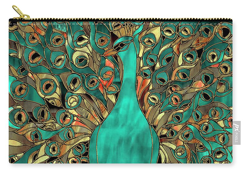 Peacock Zip Pouch featuring the painting Copper and Aqua Peacock by Mindy Sommers