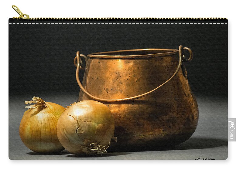 Copper Pot And Onions Zip Pouch featuring the photograph Copper Pot and Onions by Frank Wilson