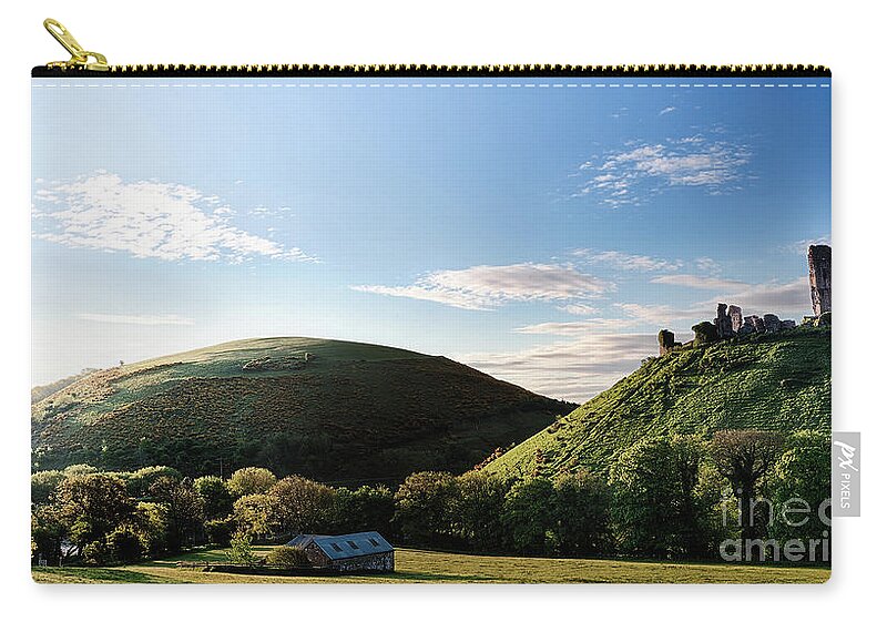 Corfe Castle Carry-all Pouch featuring the photograph Corfe Castle morning panoramic by Simon Bratt