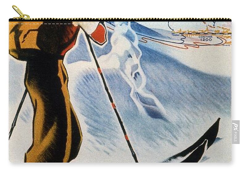Cortina Zip Pouch featuring the painting Cortina Dolomiti Skiing Vintage Travel Poster by Studio Grafiikka