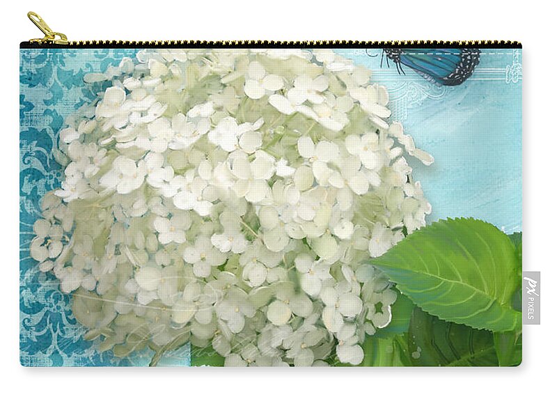 White Hydrangea Carry-all Pouch featuring the painting Cottage Garden White Hydrangea with Blue Butterfly by Audrey Jeanne Roberts