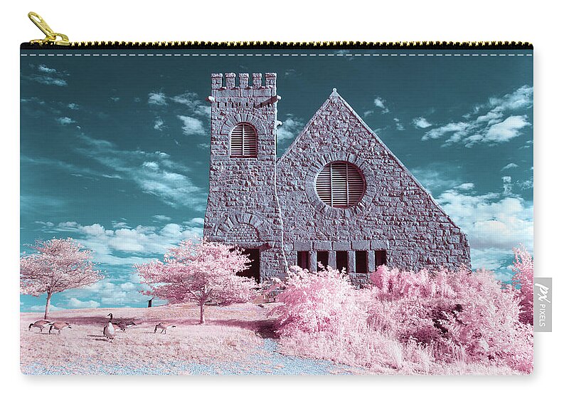 Old Stone Church West Boylston W W. Architecture Stonewall Outside Outdoors Sky Clouds Trees Bushes Brush Grass Geese Birds Newengland New England U.s.a. Usa Brian Hale Brianhalephoto Ir Infrared Infra Red Historic Zip Pouch featuring the photograph Cotton Candy Church 1 by Brian Hale