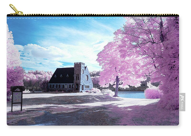 Old Stone Church West Boylston W W. Architecture Stonewall Outside Outdoors Sky Clouds Trees Bushes Brush Grass Geese Birds Newengland New England U.s.a. Usa Brian Hale Brianhalephoto Ir Infrared Infra Red Historic Zip Pouch featuring the photograph Cotton Candy Church by Brian Hale