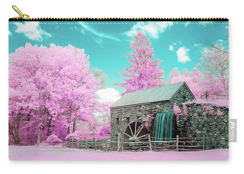 Infrared Grist Mill Ir Infra Red Pink Blue Cotton Candy Sudbury Historic Iconic Waterwheel Water Wheel Waterfall Falls Fall Spring Outside Outdoors Stone Wall Architecture Building Fence Wooden Field Trees Sky Clouds Cloudy Ma Mass Massachusetts Brian Hale Brianhalephoto Newengland New England U.s.a. Usa Unique Different Zip Pouch featuring the photograph Cotton Candy Grist Mill by Brian Hale
