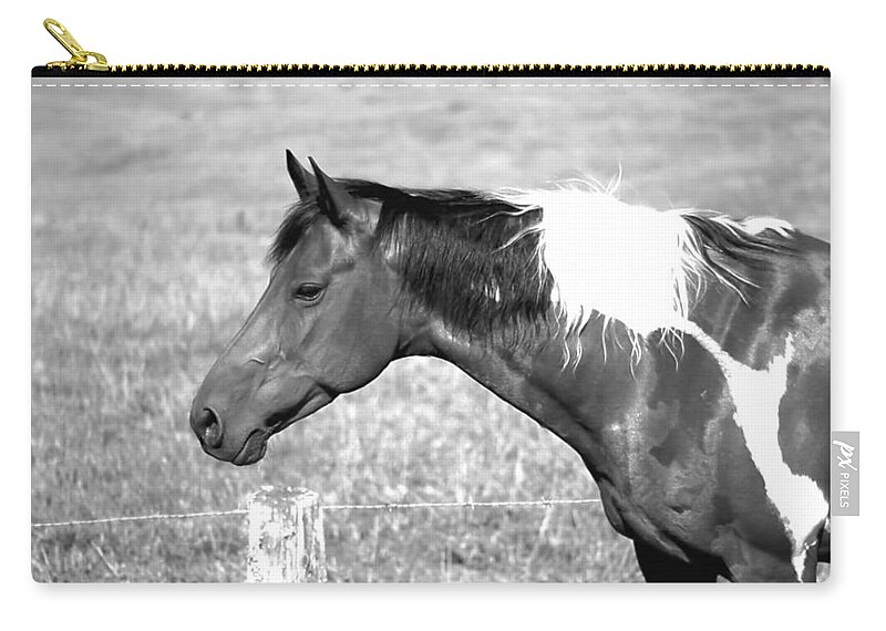 Landscape Zip Pouch featuring the photograph Country Horse in Black and White by Morgan Carter