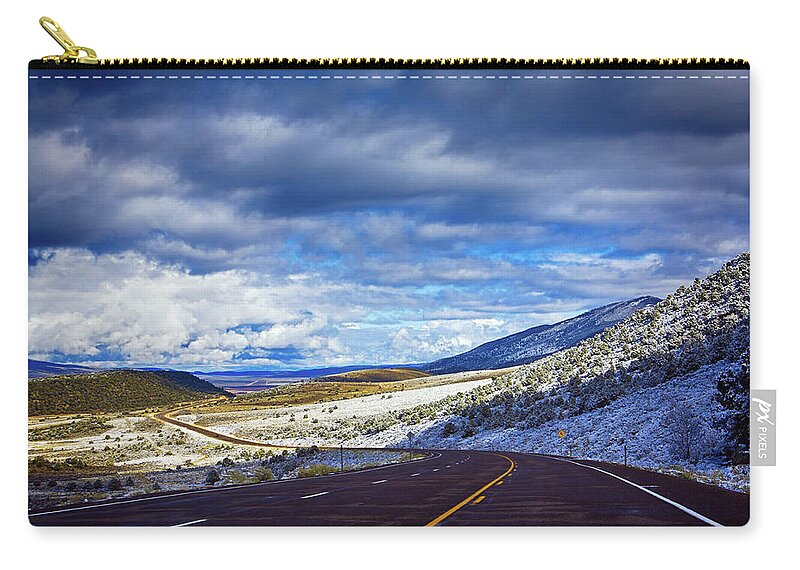 Country Zip Pouch featuring the photograph Country road and first November snow in Utah by Tatiana Travelways