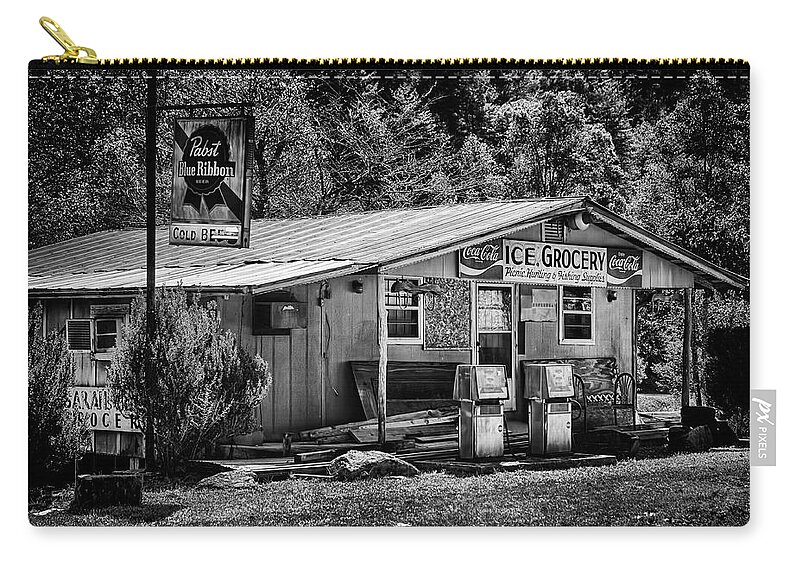 Store; Grocery Store; Lake Burton; Georgia; Black And White; Countryside Zip Pouch featuring the photograph Ice, Grocery by Mick Burkey