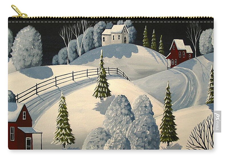 Art Carry-all Pouch featuring the painting Country Winter Night - folk art landscape by Debbie Criswell