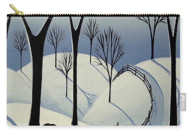 Folk Art Zip Pouch featuring the painting Country Winter Road - horse snow folk art by Debbie Criswell