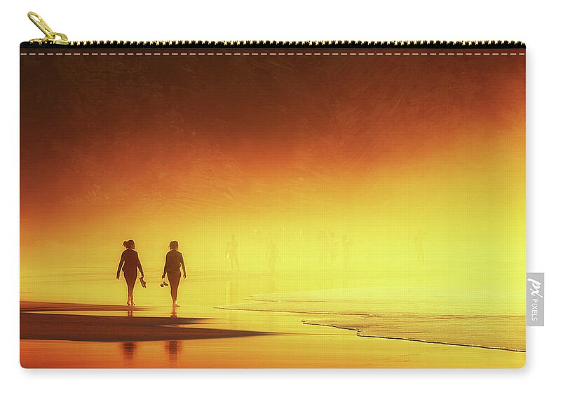 Woman Zip Pouch featuring the photograph Couple Of Women Walking On Beach by Mikel Martinez de Osaba