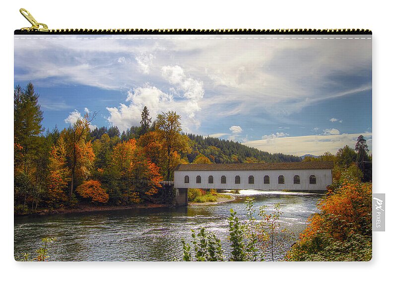 Covered Bridge Zip Pouch featuring the photograph Covered Bridge over McKenzie River Oregon by David Gn