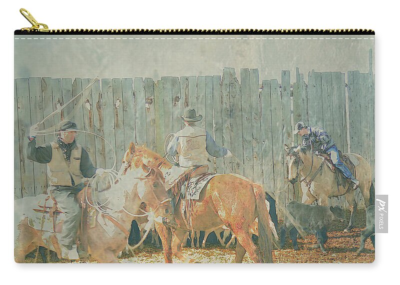 Cowboys Carry-all Pouch featuring the mixed media Cowboys Working Spring Calves by Kae Cheatham