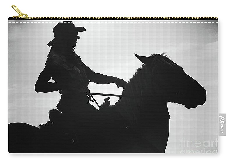 Horse Zip Pouch featuring the photograph Cowgirl and horse silhouette by Dimitar Hristov