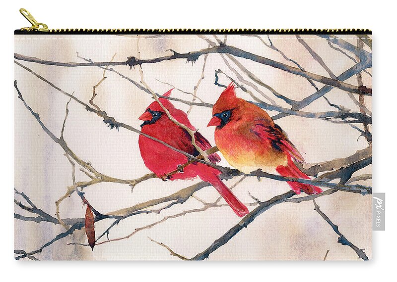 Male And Female Cardinals Sitting Side By Side On A Tree Branch. Zip Pouch featuring the painting Cozy Couple by Brenda Beck Fisher