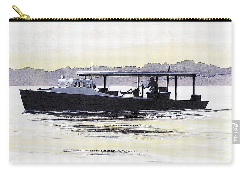 Original Painting Seascape Boats Multimedia Acrylic Oil Crab Boat Chesapeake Bay Maryland Zip Pouch featuring the painting Crab Boat Slick Calm Day Chesapeake Bay Maryland by G Linsenmayer