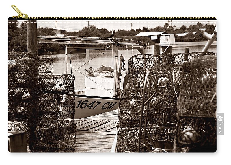 Crab Traps Zip Pouch featuring the photograph Crab Traps And Boat by Sven Brogren