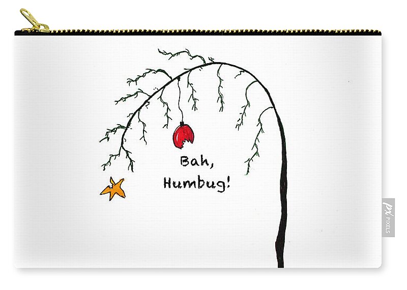 Humorous Drawing In Ink And Watercolor Of A Crabby Christmas Tree Zip Pouch featuring the painting Crabby Bah Humbug Christmas Tree - Bah Humbug by Conni Schaftenaar