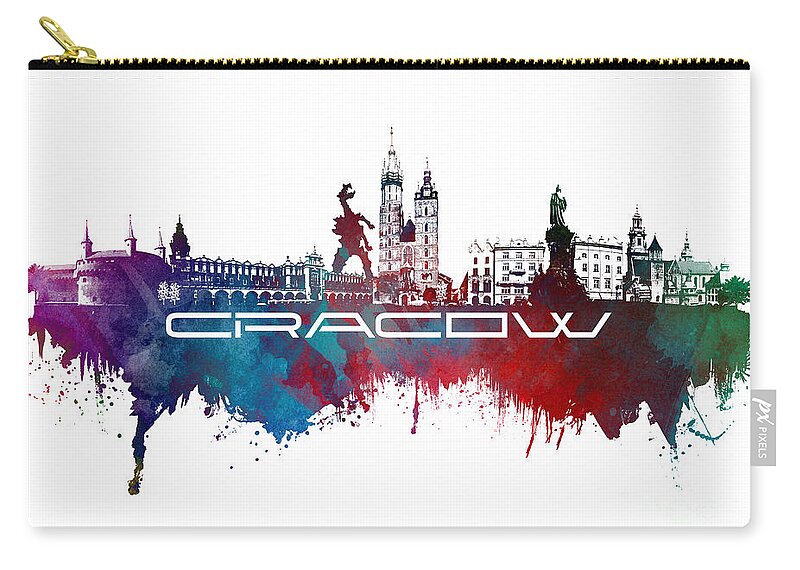 Cracow Zip Pouch featuring the digital art Cracow skyline city blue by Justyna Jaszke JBJart