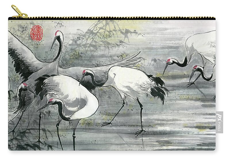 Red-crowned Crane Zip Pouch featuring the painting Cranes - 11 by River Han