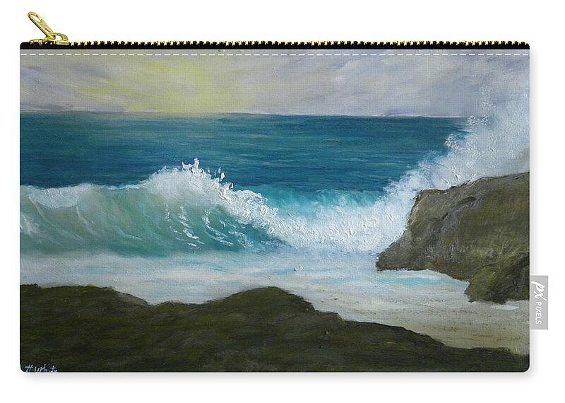 Waves Seascape Landscape Ocean Rocks Coast Maine Zip Pouch featuring the painting Crashing Wave 3 by Scott W White