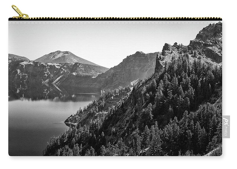 Crater Lake West Rim Zip Pouch featuring the photograph Crater Lake 4 Black and White by Frank Wilson