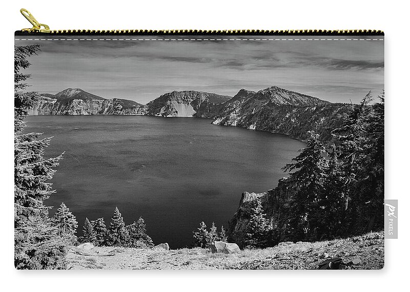 Crater Lake Zip Pouch featuring the photograph Crater lake View in BW by Frank Wilson
