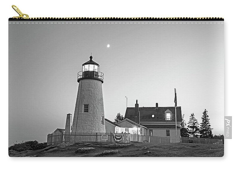 Pemaquid Zip Pouch featuring the photograph Crescent Moon over the Pemaquid Point Lighthouse Pemaquid ME Black and White by Toby McGuire