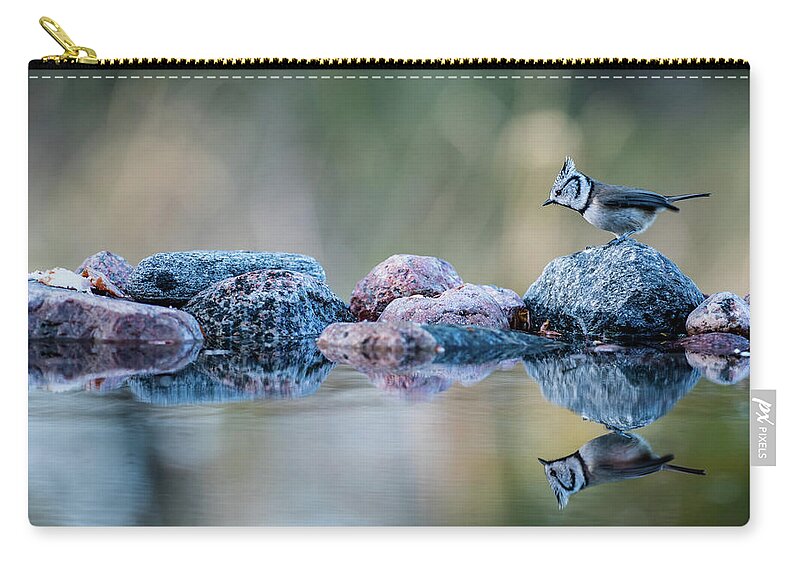 Crested Tit's Reflection Carry-all Pouch featuring the photograph Crested Tit's reflection by Torbjorn Swenelius