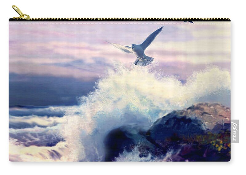 Crushing Waves And Rock Formation Zip Pouch featuring the painting Crushing Waves and Rockformation by Regina Femrite