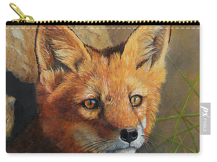 North American Wildlife Zip Pouch featuring the painting Curious - Red Fox Kit by Johanna Lerwick