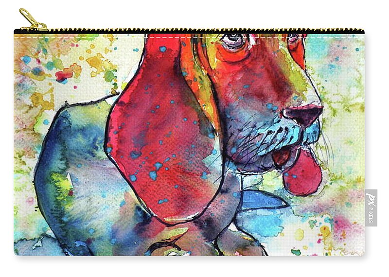 Dog Zip Pouch featuring the painting Cute basset hound by Kovacs Anna Brigitta