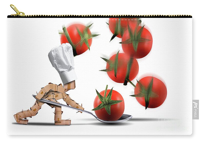 Kitchen Carry-all Pouch featuring the digital art Cute chef box character catching tomatoes by Simon Bratt