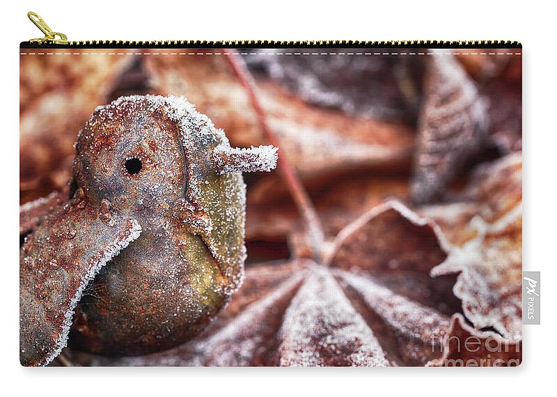 Bird Zip Pouch featuring the photograph Cute frozen little bird and leaves by Simon Bratt