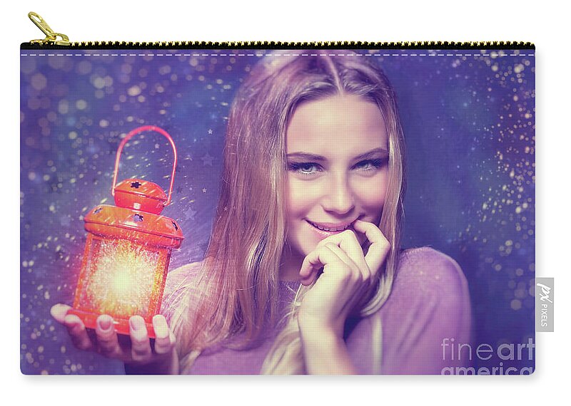 Background Zip Pouch featuring the photograph Cute girl at Christmas eve by Anna Om