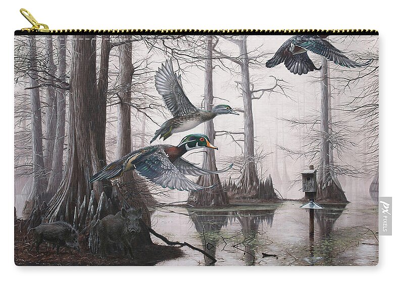 Duck Hunting Carry-all Pouch featuring the painting Cypress Bayou Neighbors by Glenn Pollard