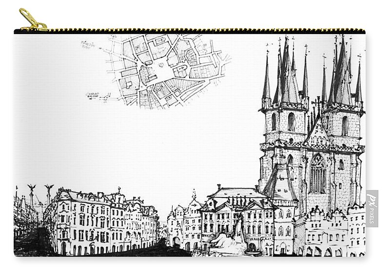 Old Town Square In Prague Zip Pouch featuring the drawing Czech Republic 6.54.Hungary-6-detail-c by Charlie Szoradi