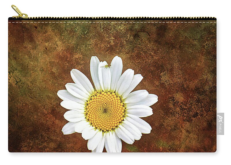 Daisy Flower Photography Zip Pouch featuring the photograph Daisy Bug Photo Bomb Wall Art by Gwen Gibson